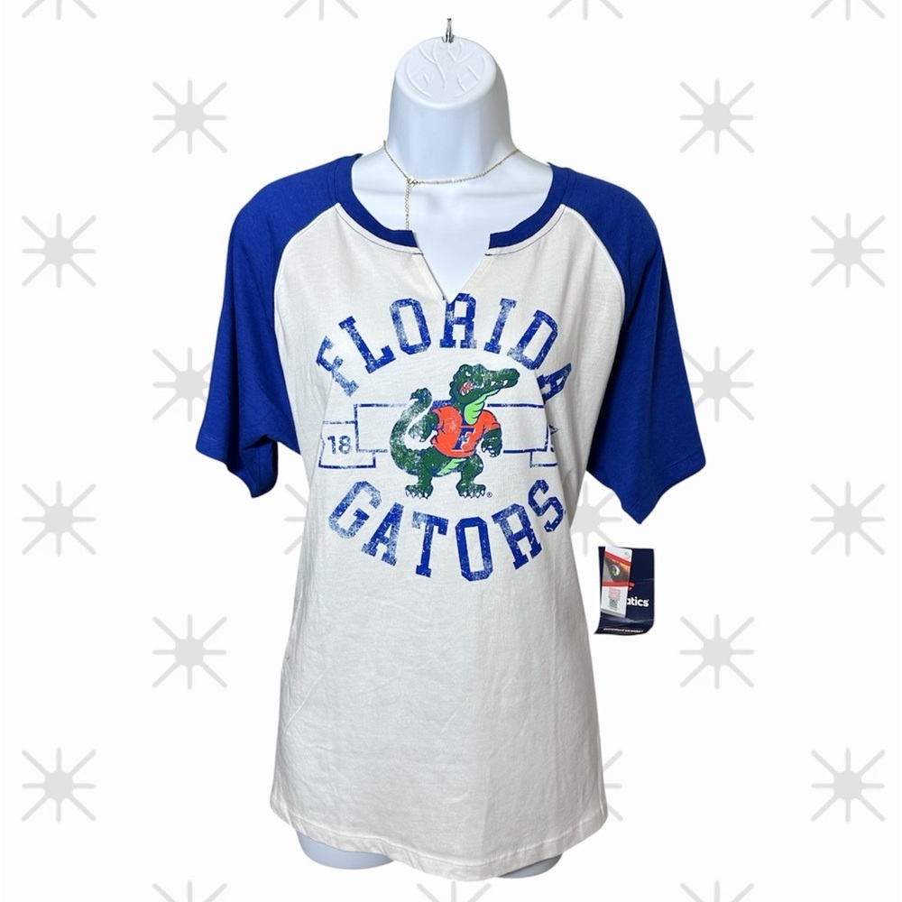 NWT Florida Gators NCAA Team Logo Raglan Tee Blue White V-Neck T-Shirt Size XL